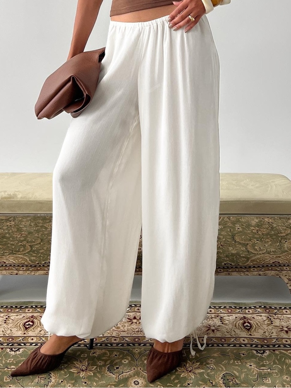 Princess Polly White Wide-Leg Drawstring Pants
